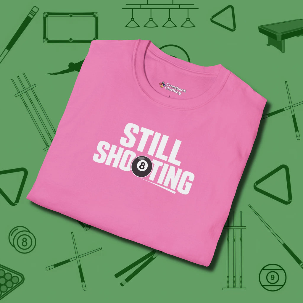 Still Shooting T-Shirt, folded view, in Azalea your secret weapon off the table