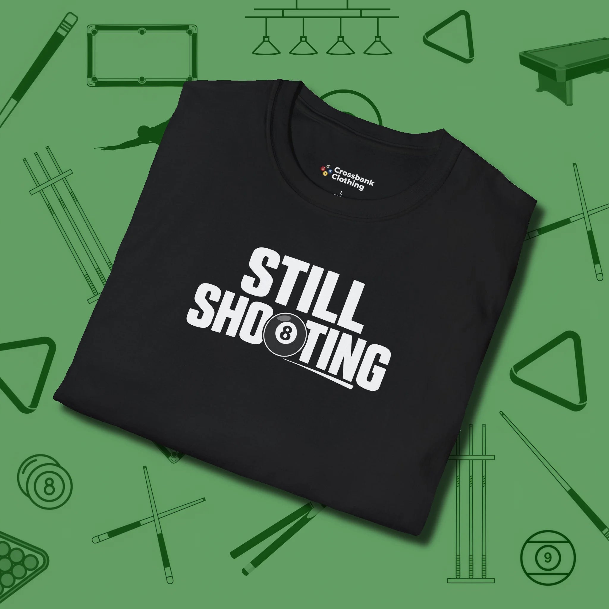 Still Shooting T-Shirt, folded view, in Black for shooters who dress like they play: sharp
