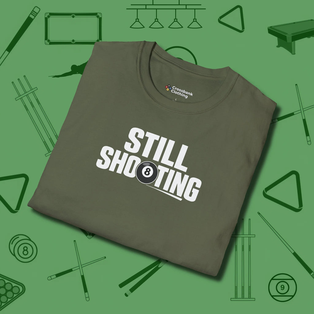 Still Shooting T-Shirt, folded view, in Military Green tough like your favorite break cue