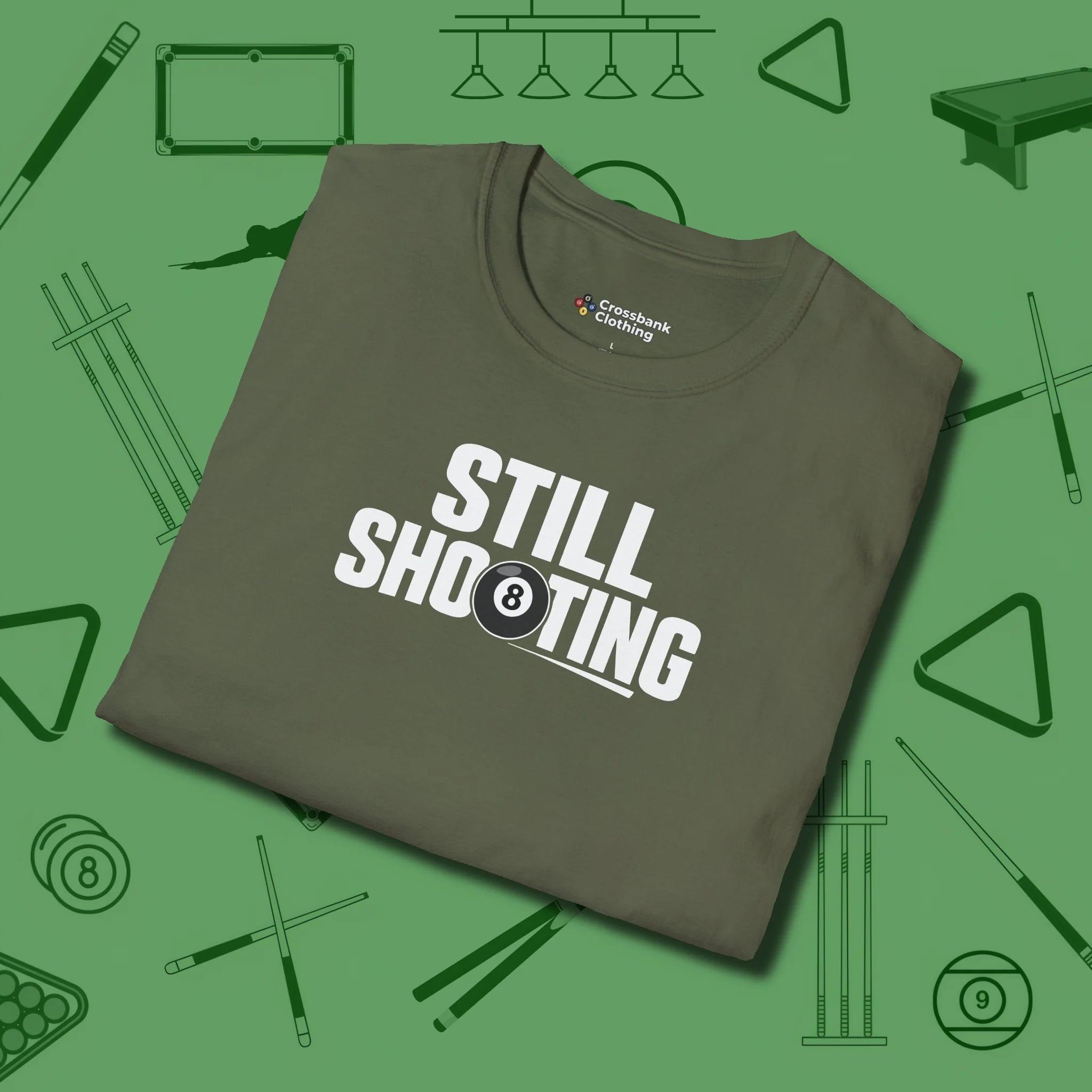 Still Shooting T-Shirt, folded view, in Military Green tough like your favorite break cue