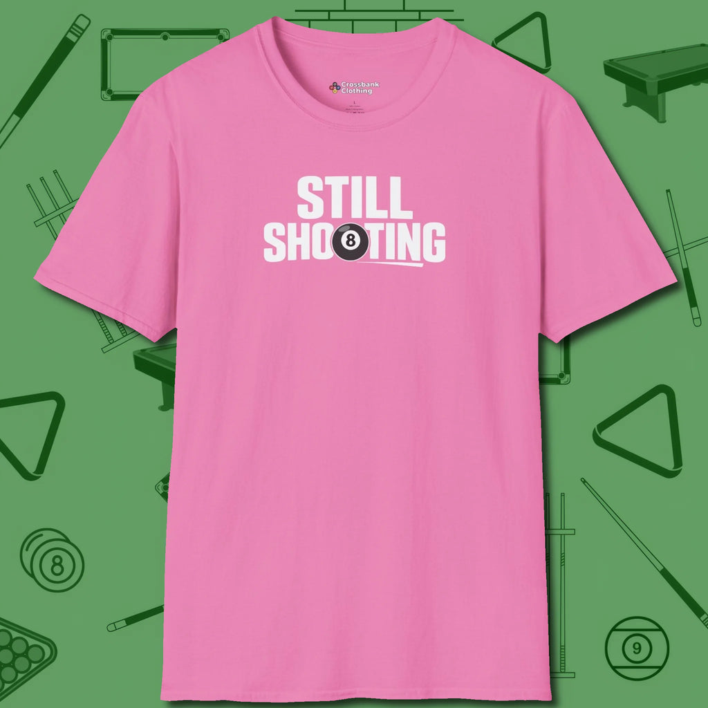 Still Shooting T-Shirt, front view, in Azalea for shooters who dress like they play: sharp