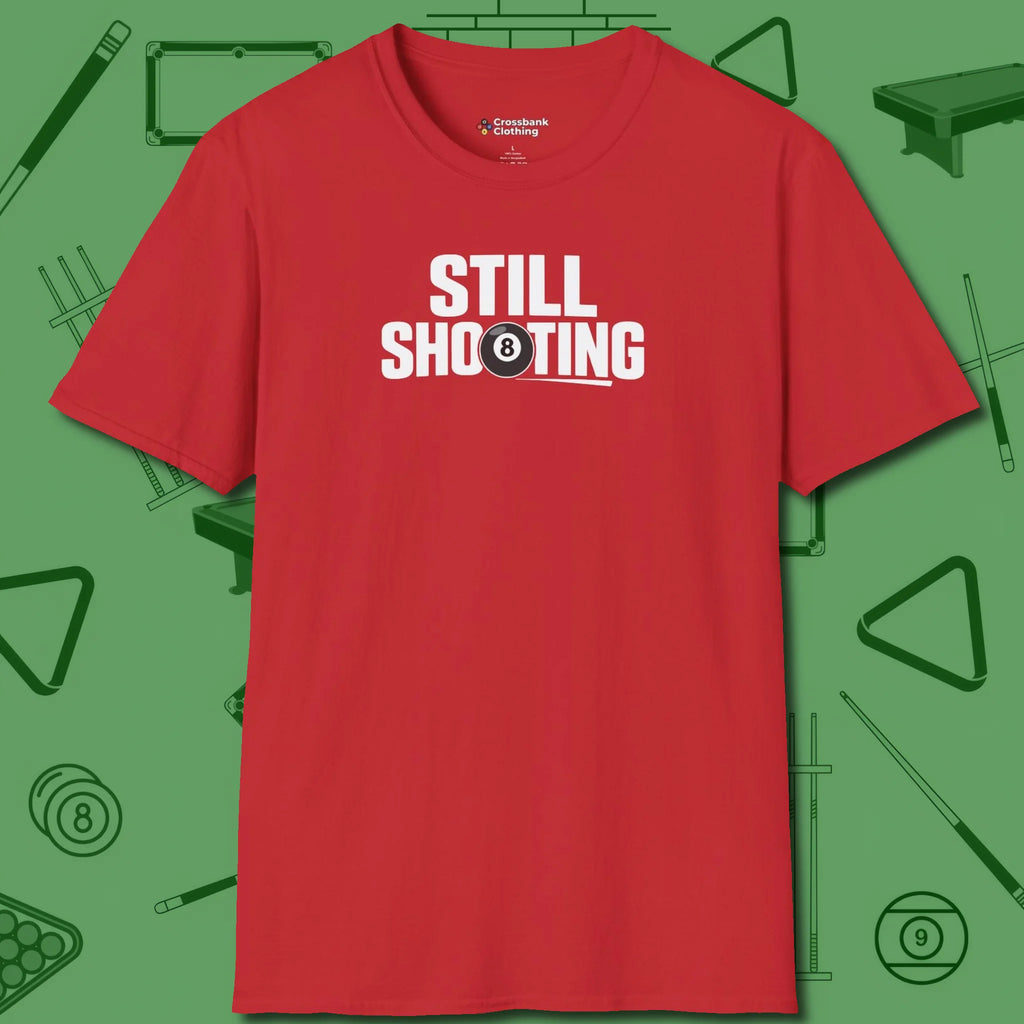 Still Shooting T-Shirt, front view, in Red like your stroke — smooth and deliberate