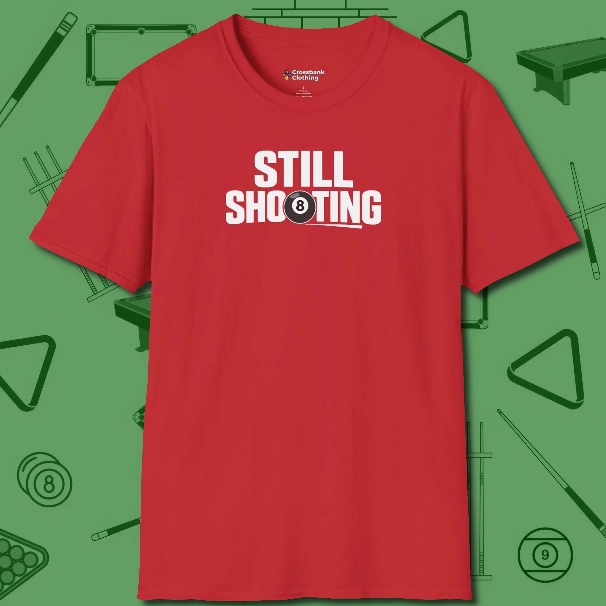 Still Shooting T-Shirt, front view, in Red like your stroke — smooth and deliberate