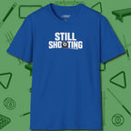 Still Shooting T-Shirt, front view, in Royal like your stroke — smooth and deliberate