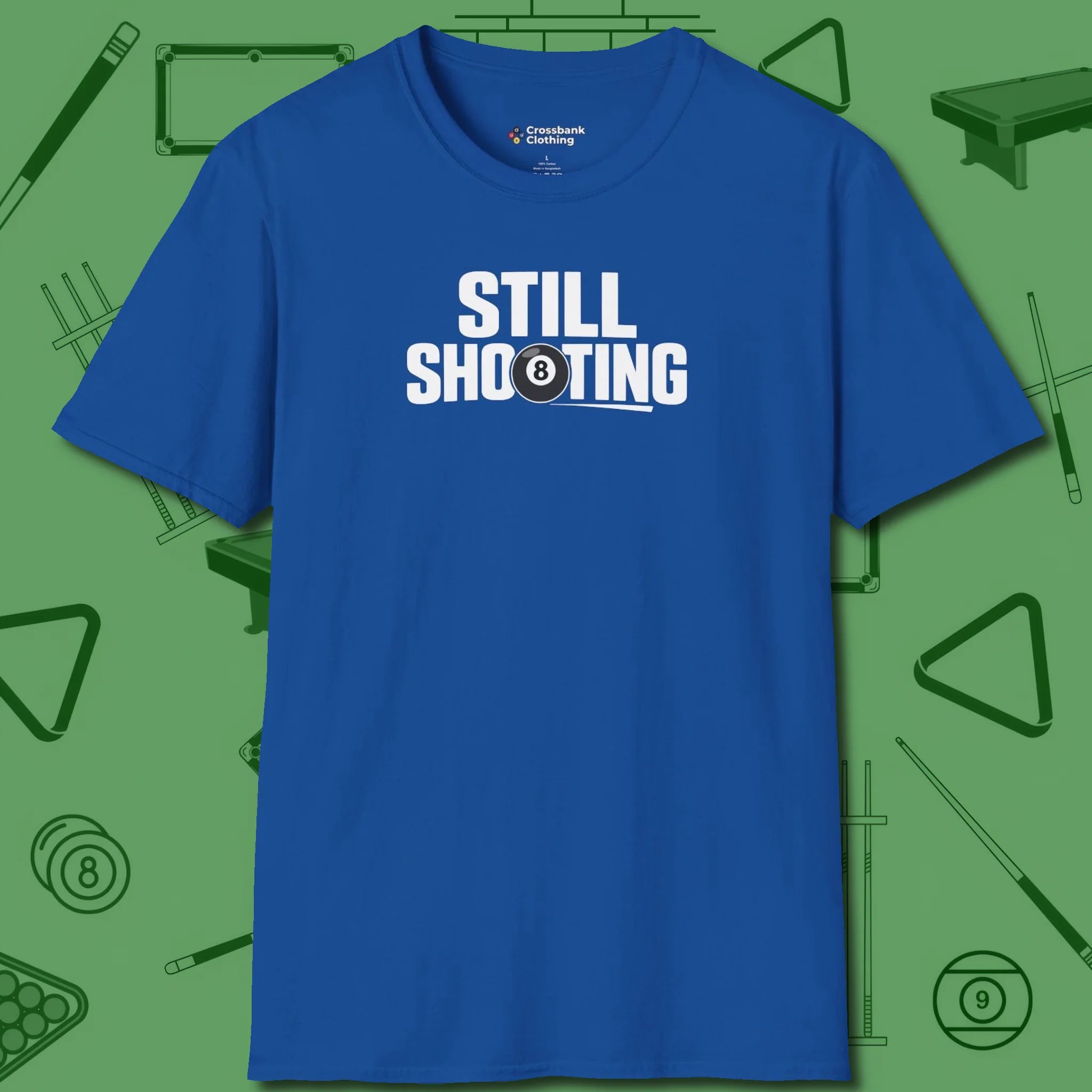 Still Shooting T-Shirt, front view, in Royal like your stroke — smooth and deliberate
