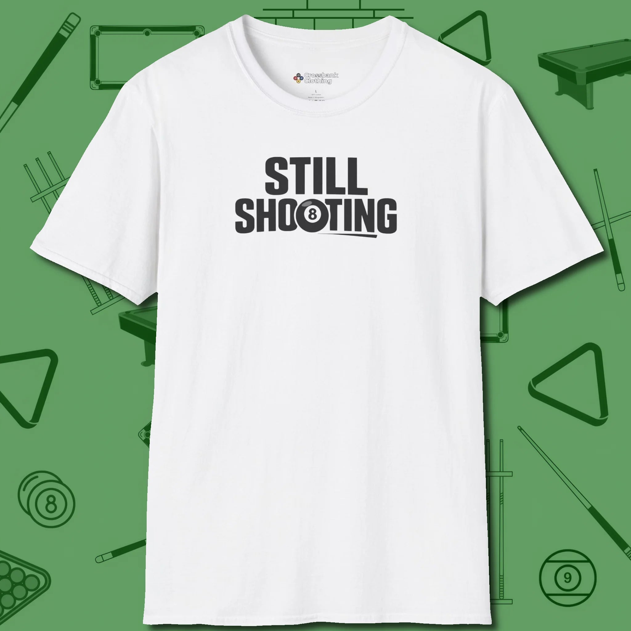 Still Shooting T-Shirt, front view, in White the official uniform of the after-hours crew