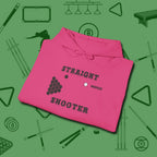 Straight Shooter Hoodie, folded view, in Heliconia as serious as your stroke