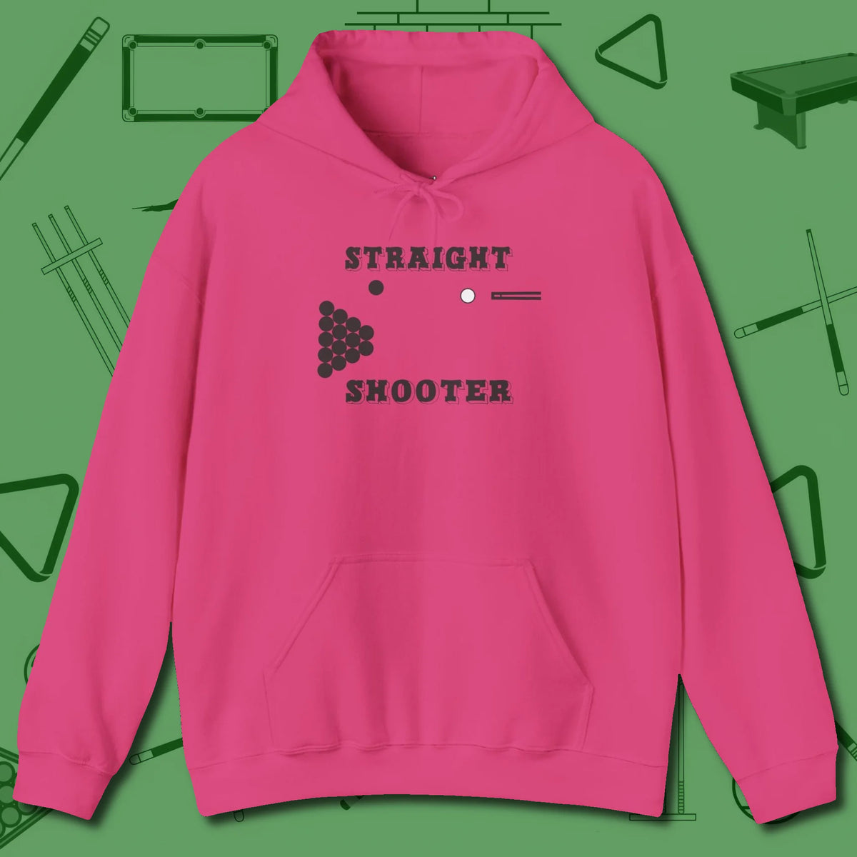Straight Shooter Hoodie, front view, in Heliconia designed for dead stroke and deadpan looks