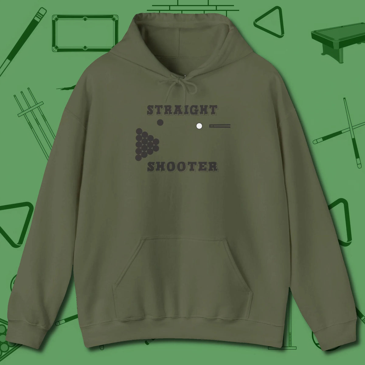 Straight Shooter Hoodie, front view, in Military Green like your stroke — smooth and deliberate
