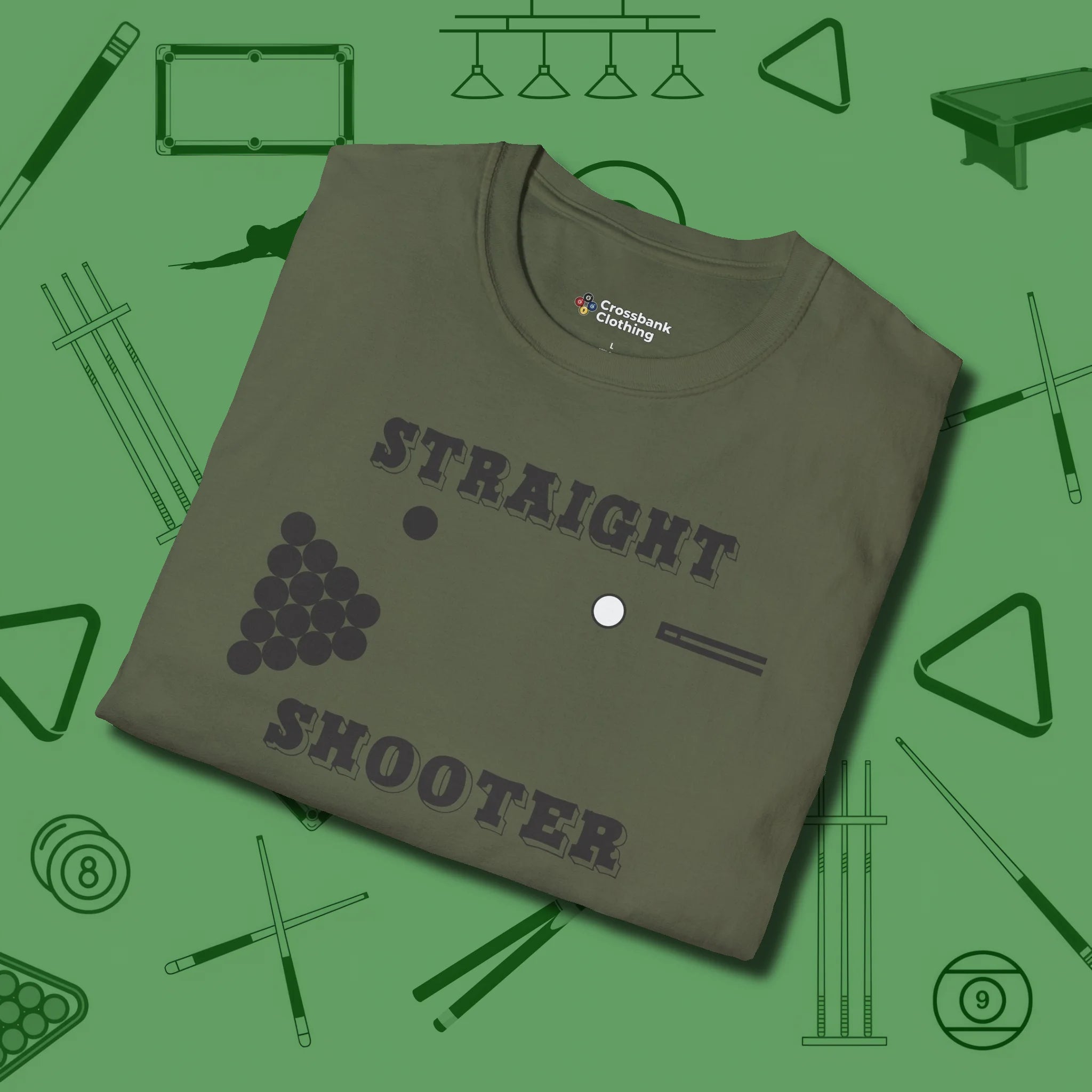 Straight Shooter T-Shirt, folded view, in Military Green for players who live the game