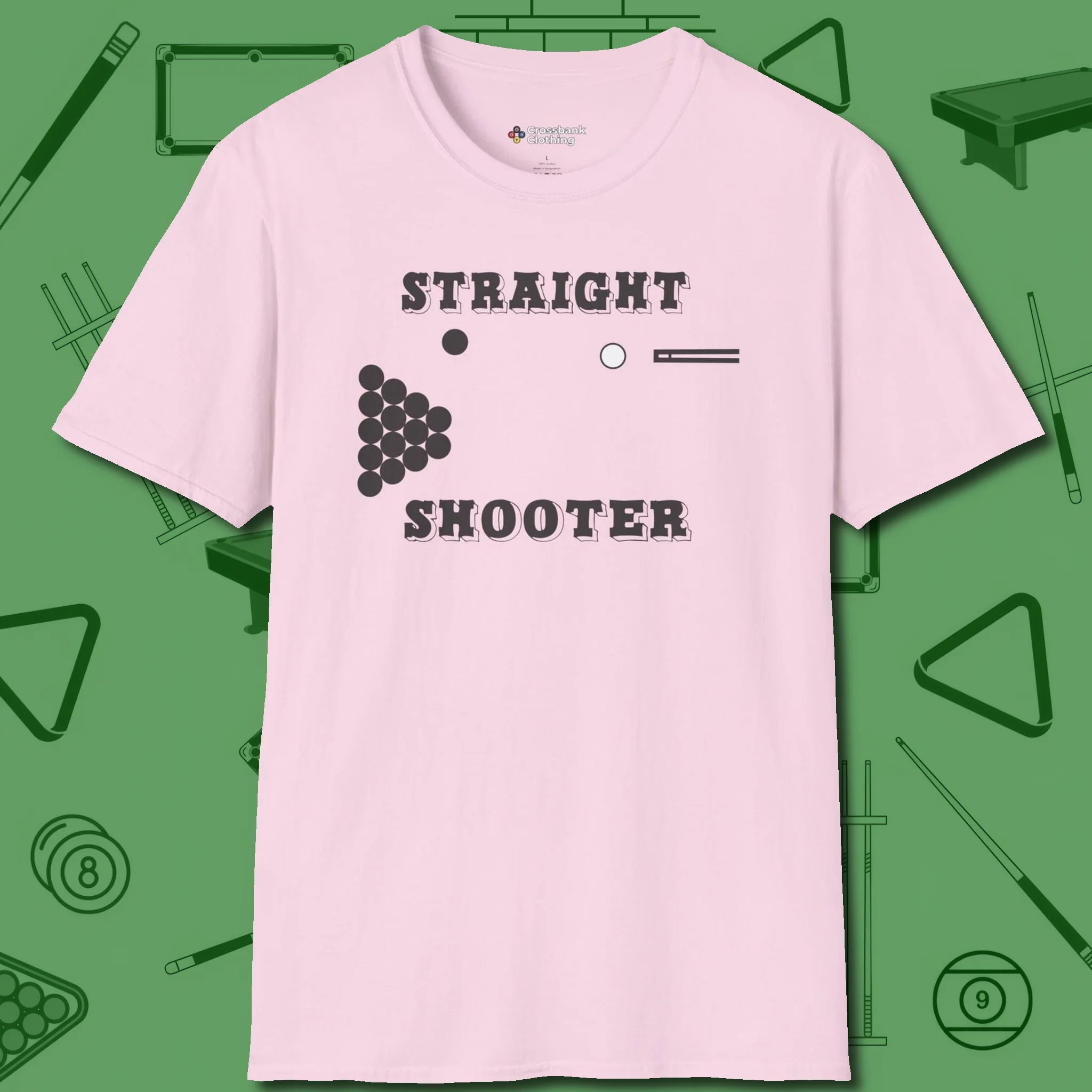 Straight Shooter T-Shirt, front view, in Light Pink designed for dead stroke and deadpan looks