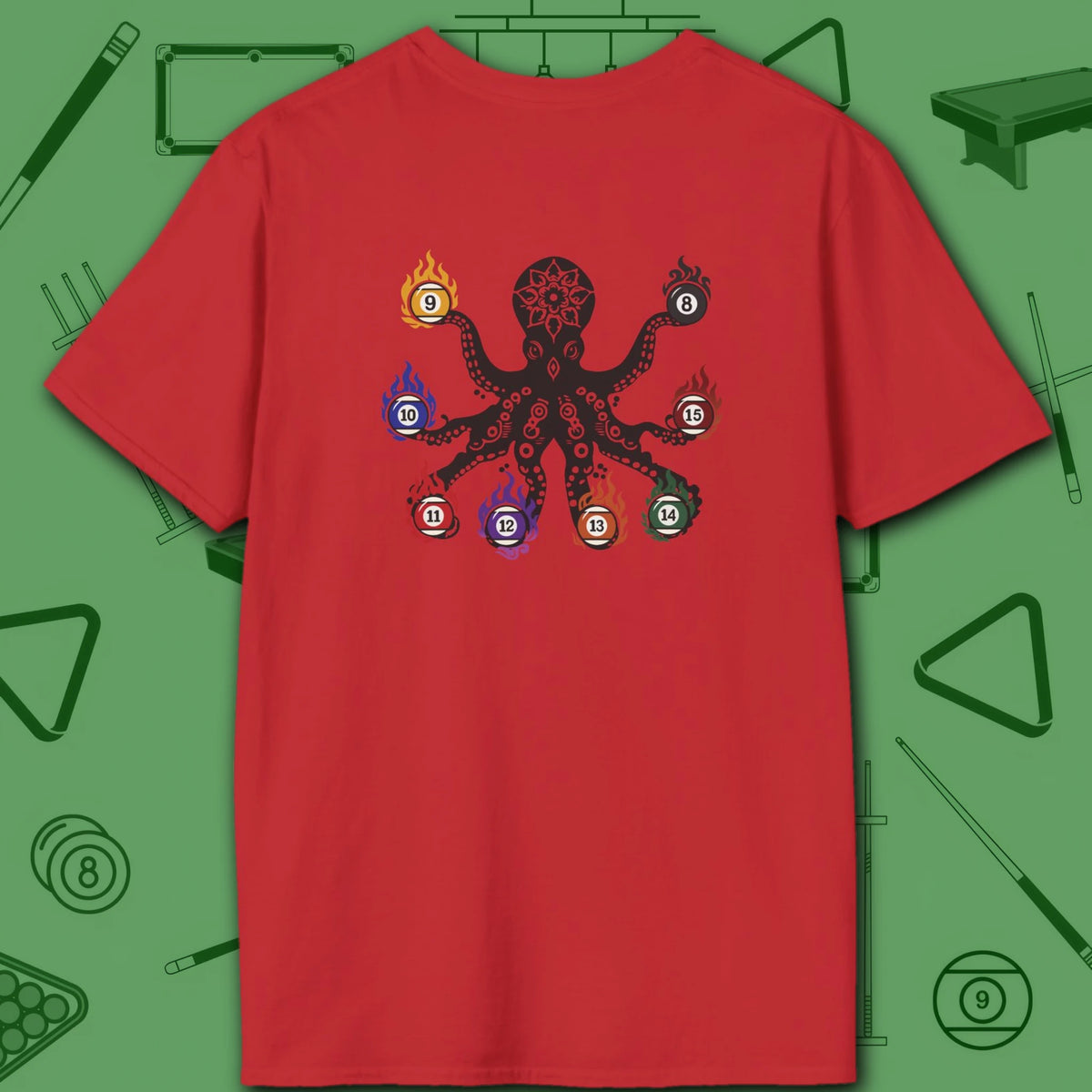 Stripe and Solids Octopus Billiards T-Shirt, in Red color, pool shirt, back view