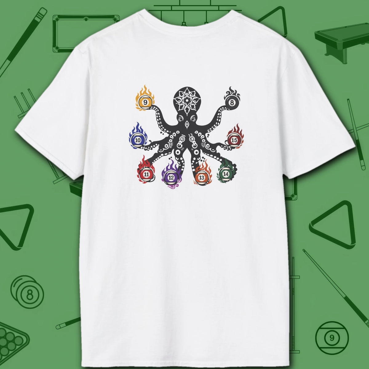 Stripe and Solids Octopus Billiards T-Shirt, in White color, pool shirt, back view