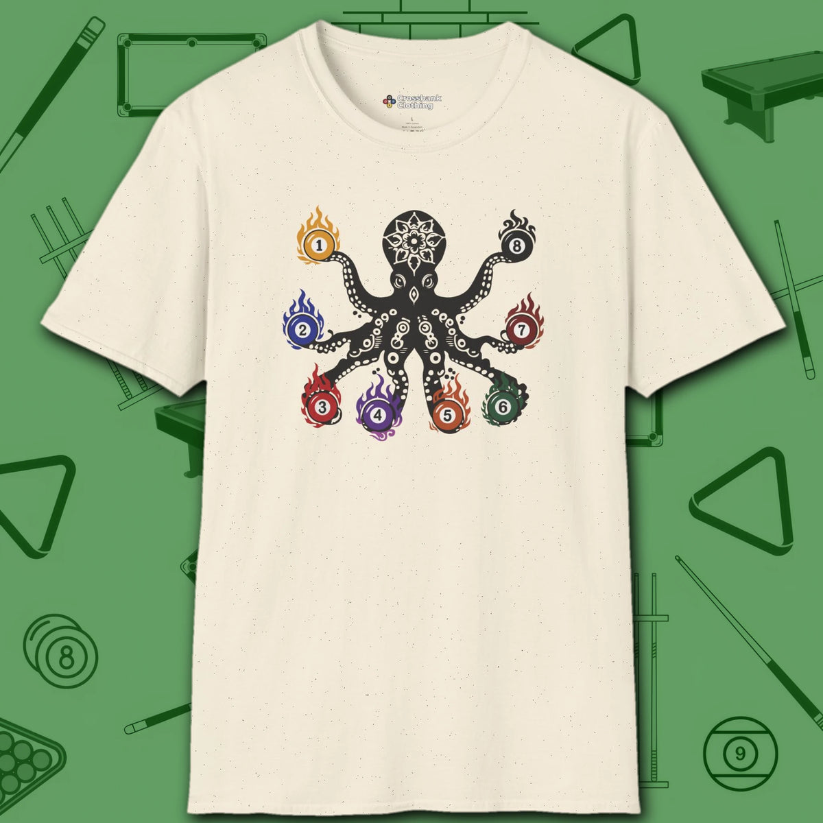 Stripe and Solids Octopus Billiards T-Shirt, in Natural color, pool shirt, front view