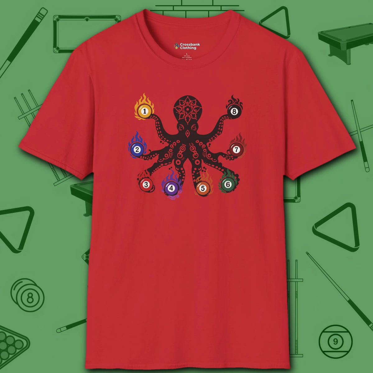 Stripe and Solids Octopus Billiards T-Shirt, in Red color, pool shirt, front view