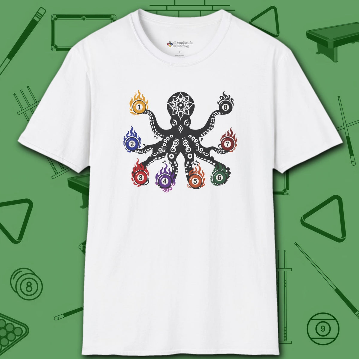 Stripe and Solids Octopus Billiards T-Shirt, in White color, pool shirt, front view