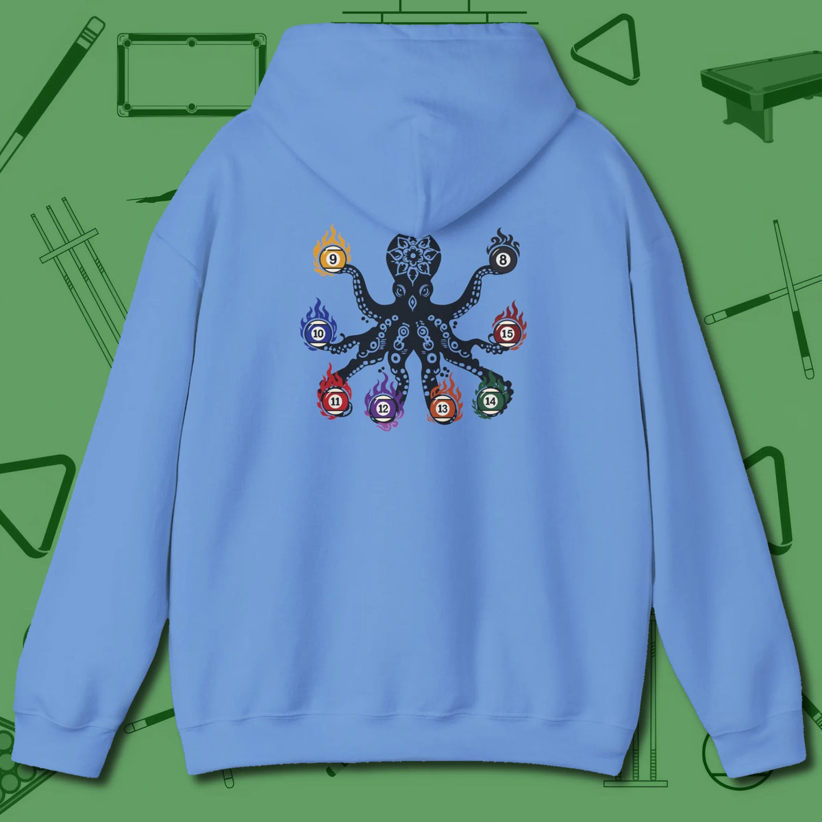 Stripe and Solids Octopus Billiards Hoodie, back view, in Carolina Blue back graphic: octopus billiards