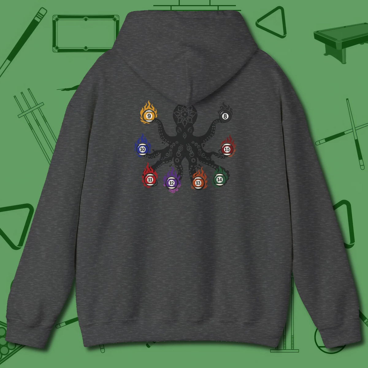Stripe and Solids Octopus Billiards Hoodie, back view, in Dark Heather back graphic continues theme