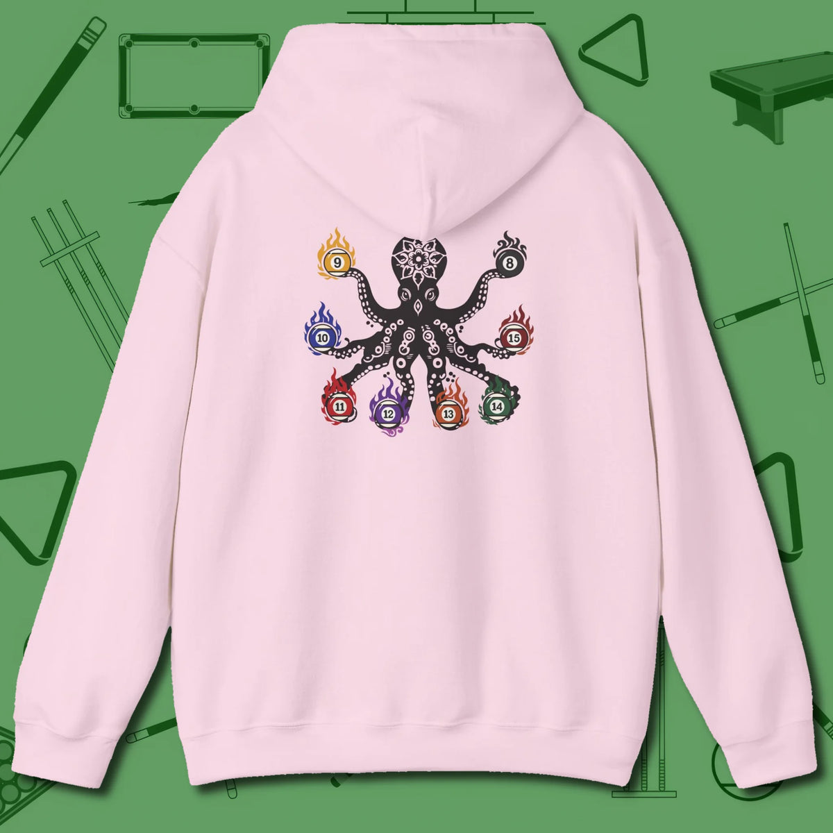 Stripe and Solids Octopus Billiards Hoodie, back view, in Light Pink matching back octopus print