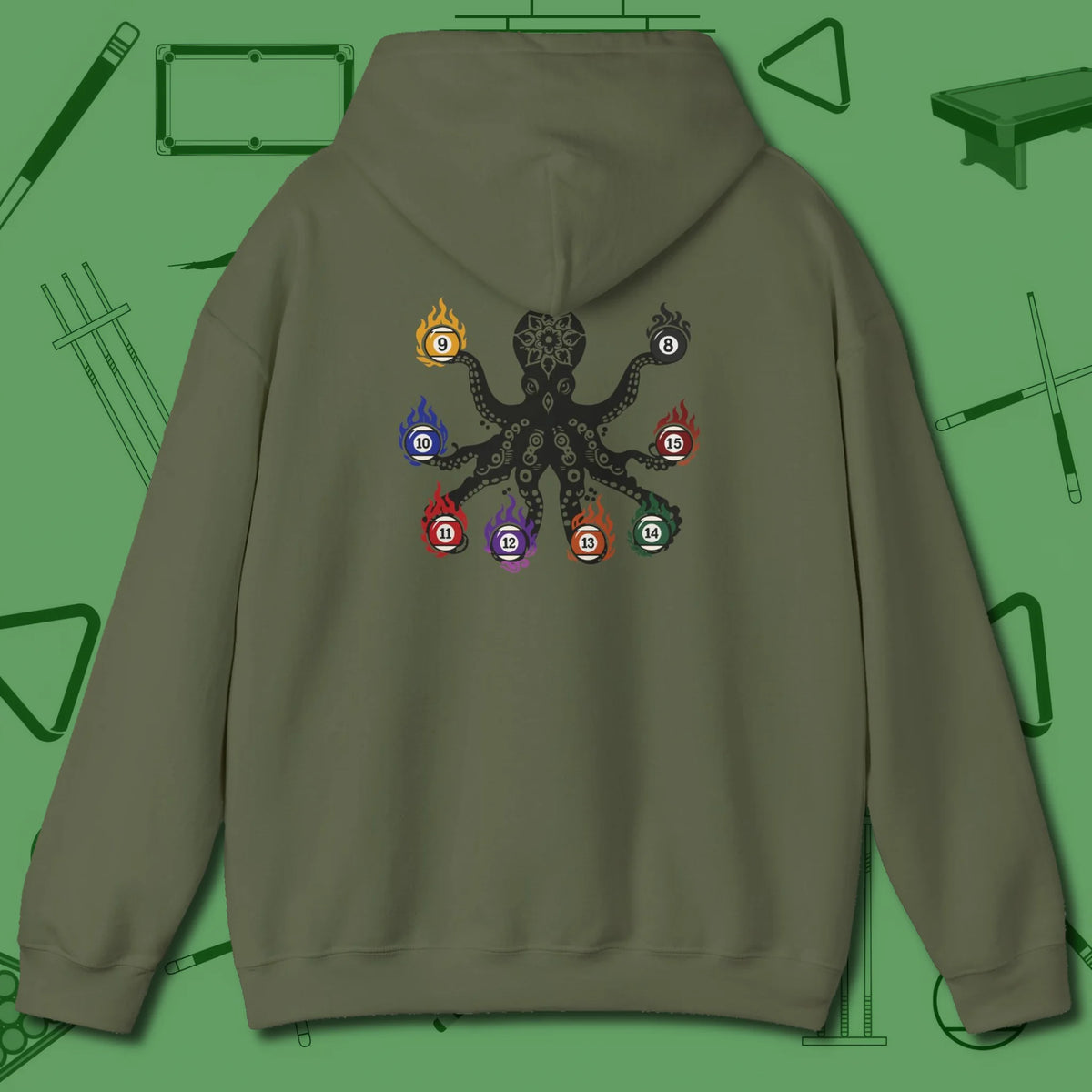 Stripe and Solids Octopus Billiards Hoodie, back view, in Military Green back graphic for league night