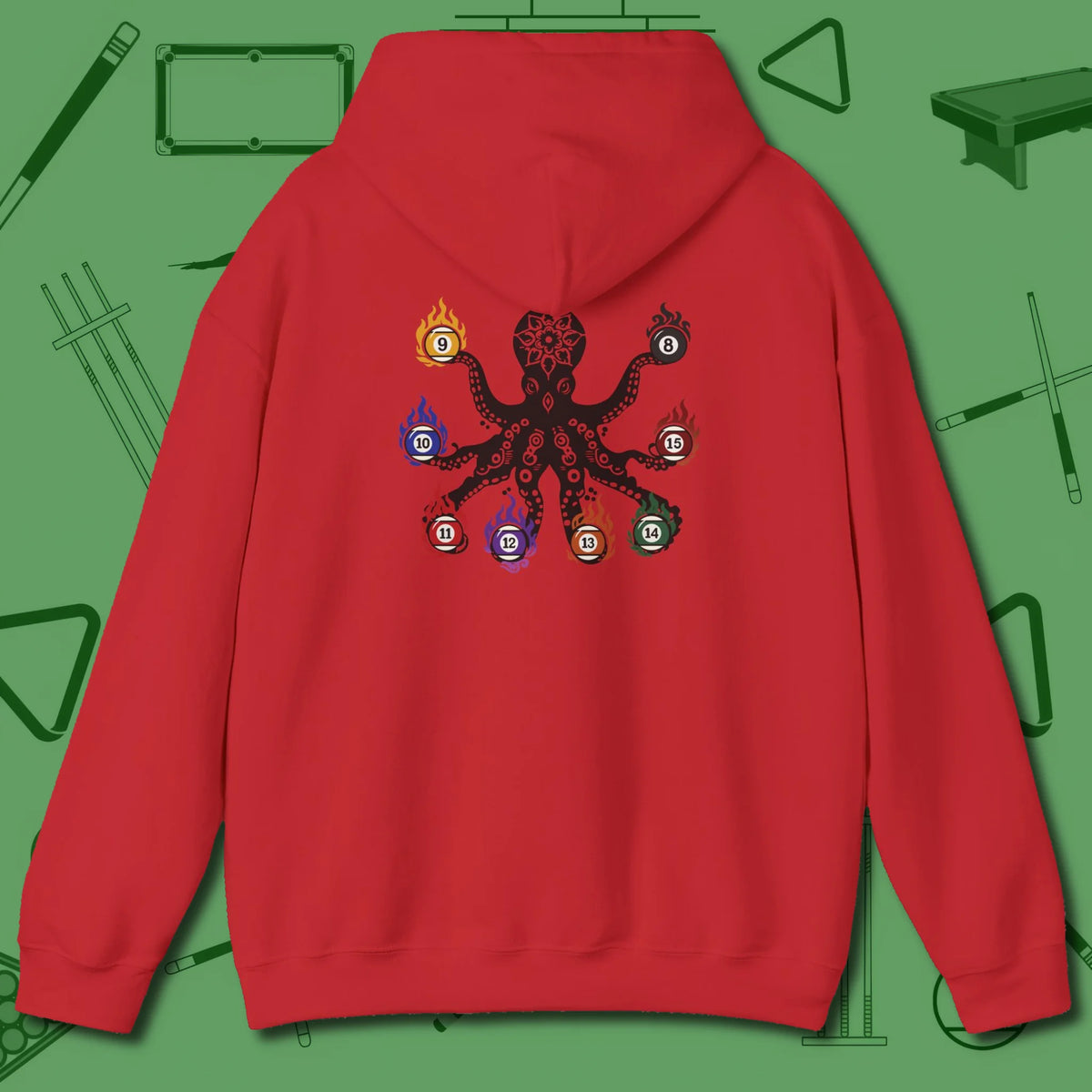 Stripe and Solids Octopus Billiards Hoodie, back view, in Red back graphic for table swagger