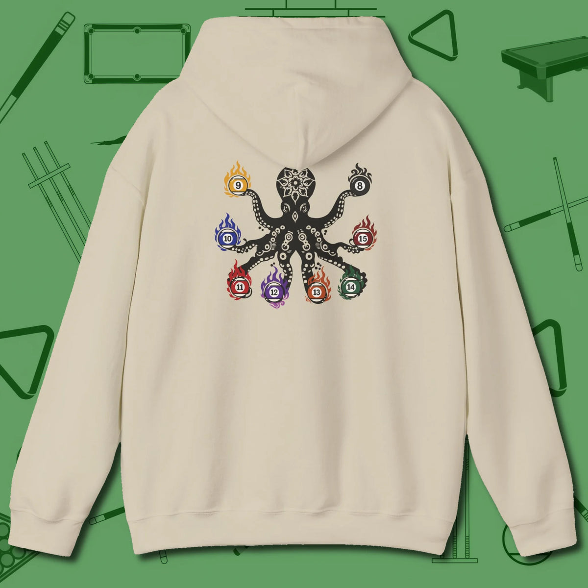 Stripe and Solids Octopus Billiards Hoodie, back view, in Sand back graphic: stripes and solids