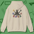 Stripe and Solids Octopus Billiards Hoodie, back view, in Sand back graphic: stripes and solids