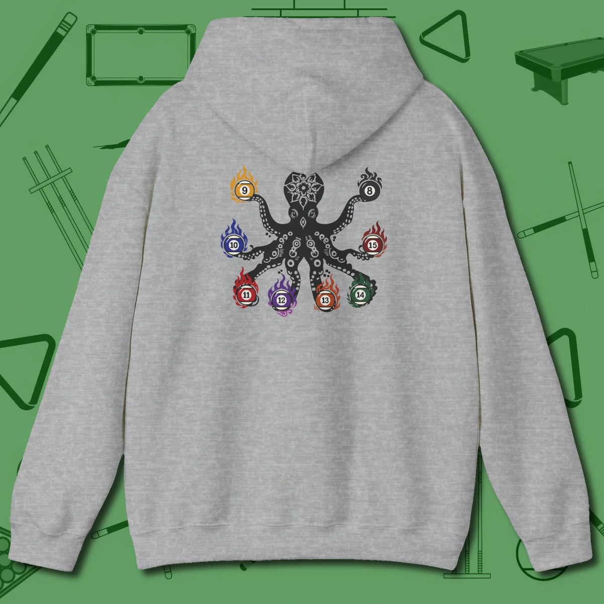 Stripe and Solids Octopus Billiards Hoodie, back view, in Sport Grey matching back octopus graphic