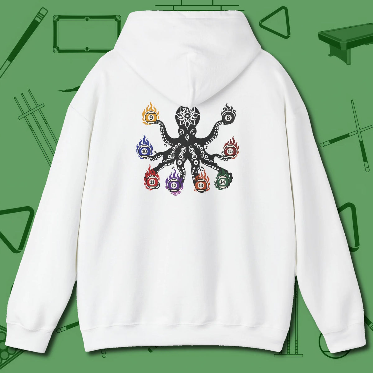 Stripe and Solids Octopus Billiards Hoodie, back view, in White back graphic: octopus billiards