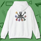 Stripe and Solids Octopus Billiards Hoodie, back view, in White back graphic: octopus billiards