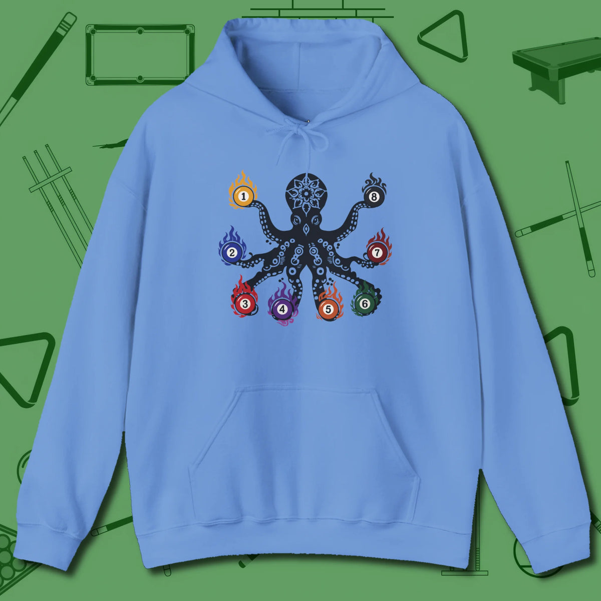 Stripe and Solids Octopus Billiards Hoodie, front view, in Carolina Blue octopus racks stripes and solids