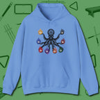 Stripe and Solids Octopus Billiards Hoodie, front view, in Carolina Blue octopus racks stripes and solids