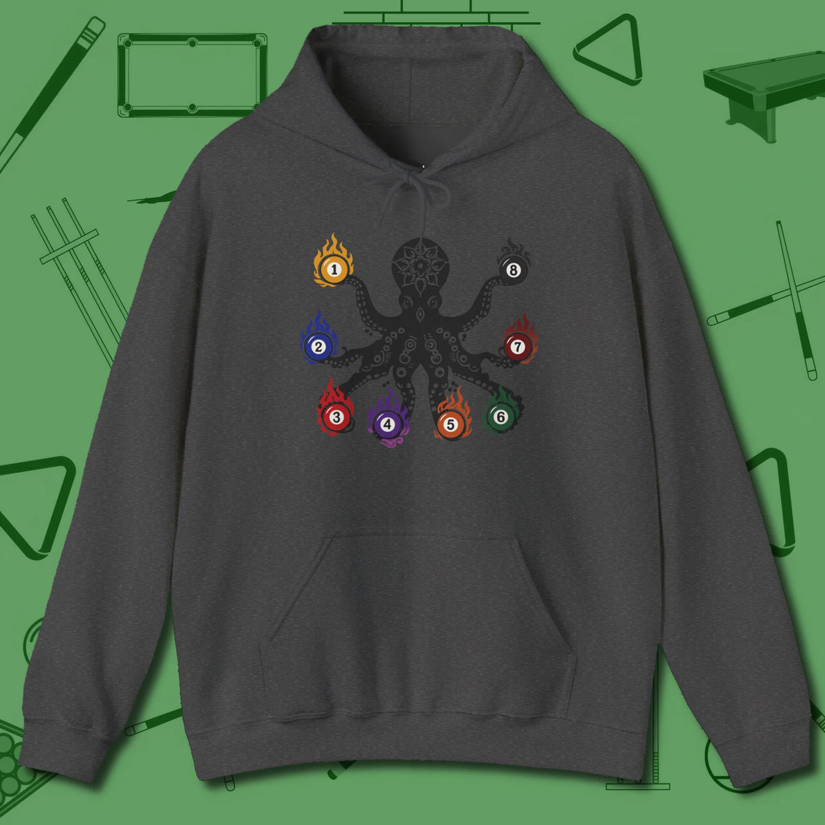 Stripe and Solids Octopus Billiards Hoodie, front view, in Dark Heather bold octopus billiards graphic