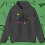 Stripe and Solids Octopus Billiards Hoodie, front view, in Dark Heather bold octopus billiards graphic