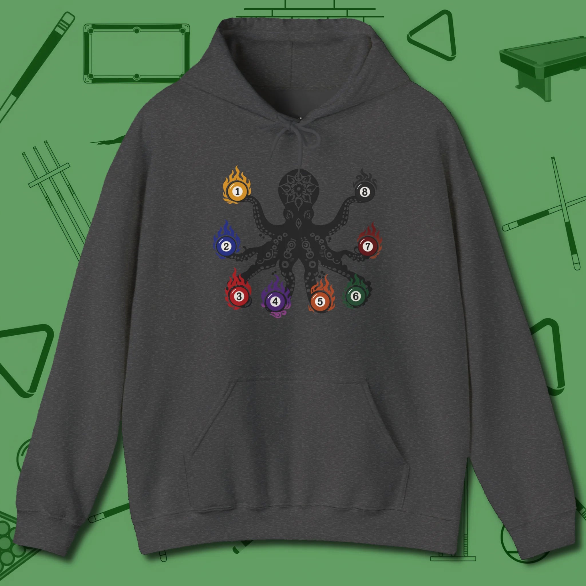 Stripe and Solids Octopus Billiards Hoodie, front view, in Dark Heather bold octopus billiards graphic