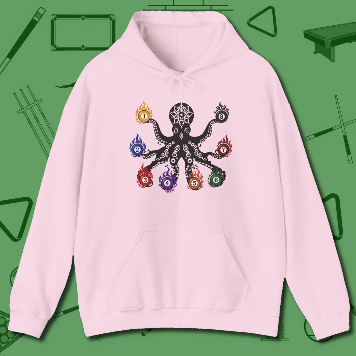 Stripe and Solids Octopus Billiards Hoodie, front view, in Light Pink octopus takes control of rack