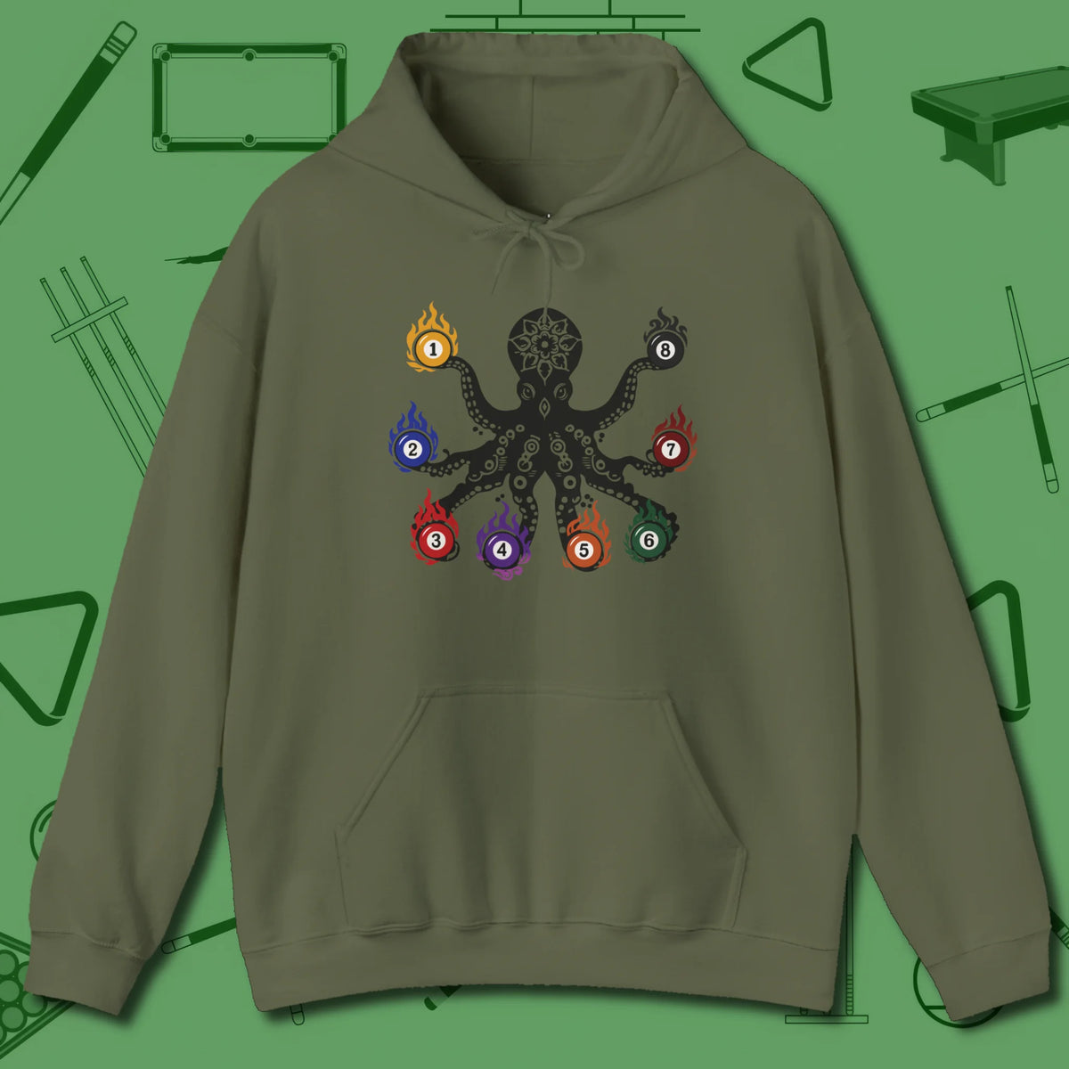 Stripe and Solids Octopus Billiards Hoodie, front view, in Military Green tactical look, octopus print