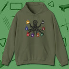 Stripe and Solids Octopus Billiards Hoodie, front view, in Military Green tactical look, octopus print