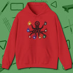 Stripe and Solids Octopus Billiards Hoodie, front view, in Red eight-armed hustle at the table