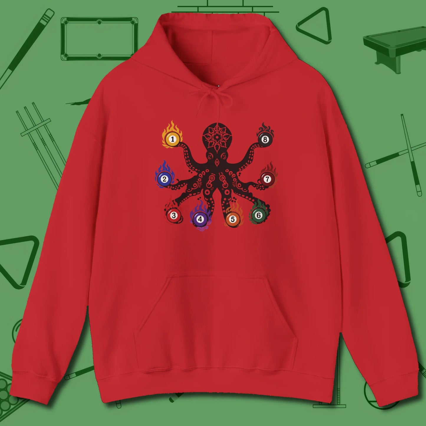 Stripe and Solids Octopus Billiards Hoodie, front view, in Red eight-armed hustle at the table