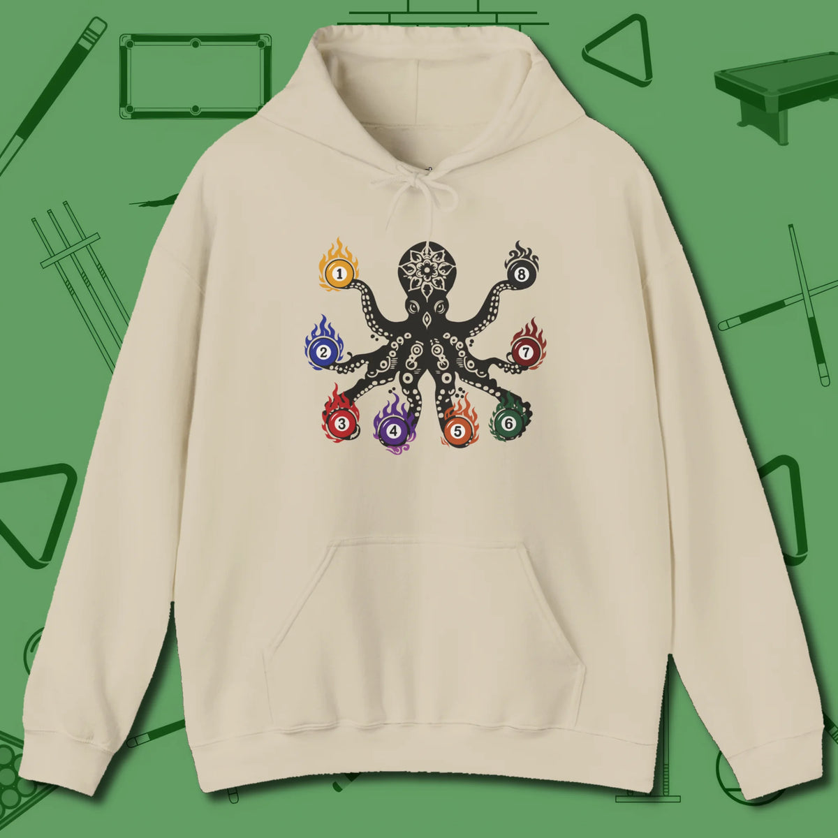 Stripe and Solids Octopus Billiards Hoodie, front view, in Sand subtle tone, octopus graphic