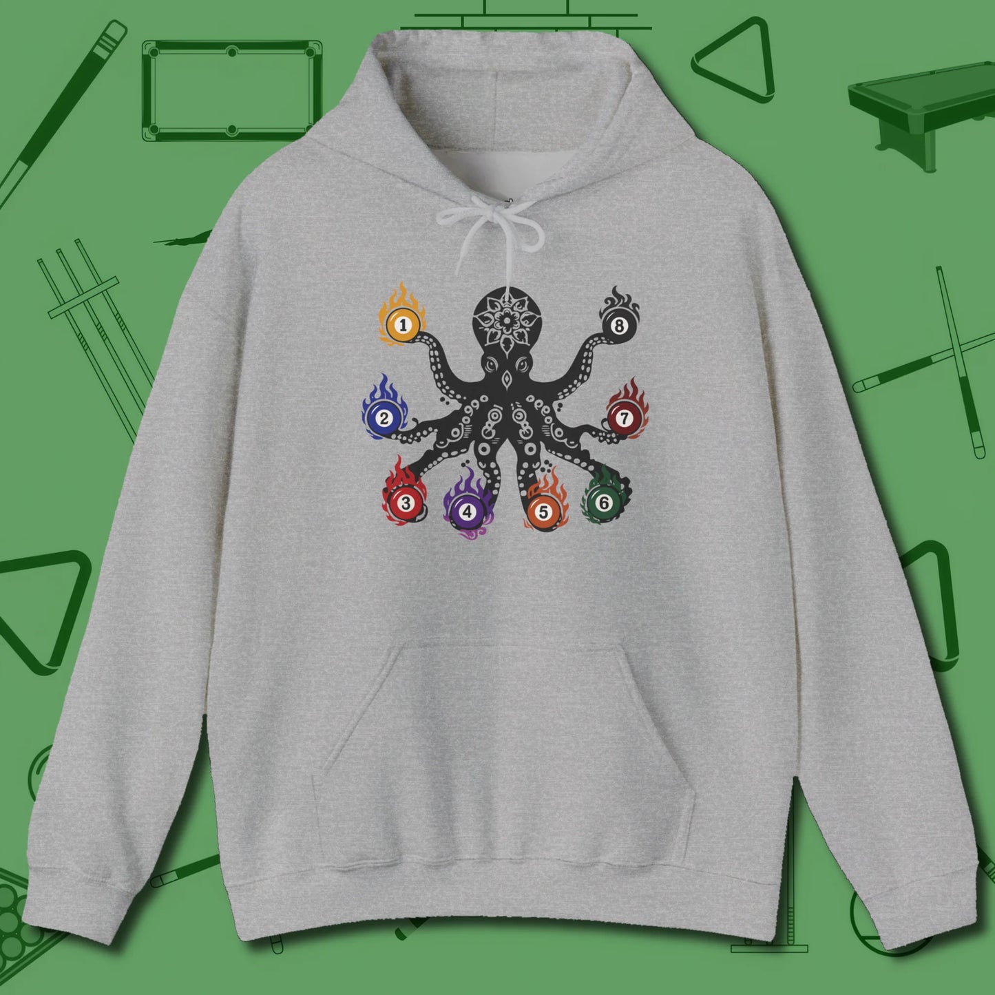 Stripe and Solids Octopus Billiards Hoodie, front view, in Sport Grey cue-ready octopus graphic