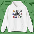 Stripe and Solids Octopus Billiards Hoodie, front view, in White clean look, octopus billiards art