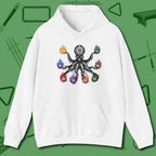 Stripe and Solids Octopus Billiards Hoodie, front view, in White clean look, octopus billiards art