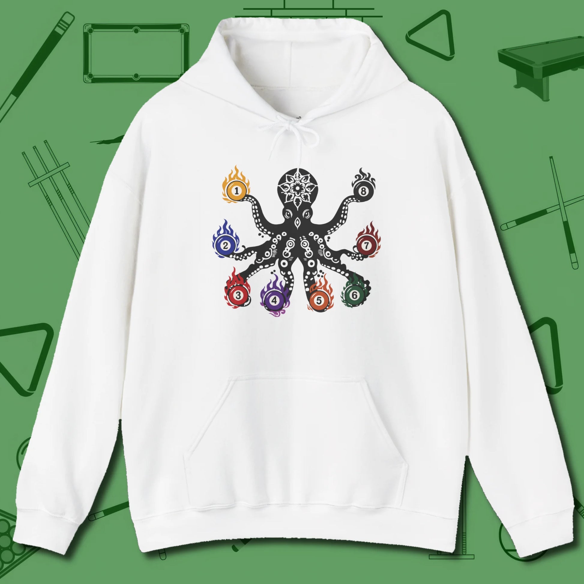 Stripe and Solids Octopus Billiards Hoodie, front view, in White clean look, octopus billiards art