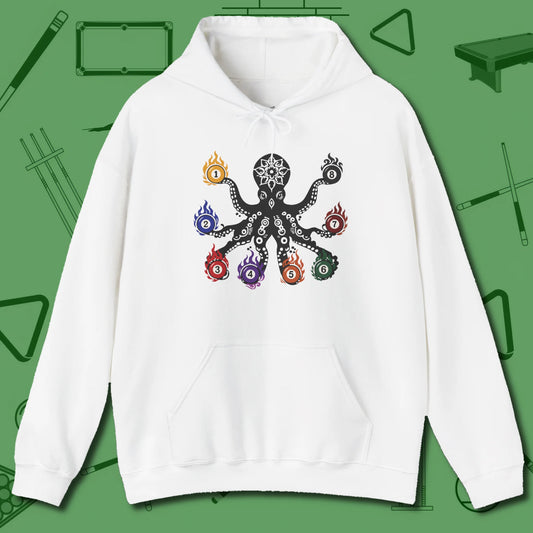 Stripe and Solids Octopus Billiards Hoodie, front view, in White clean look, octopus billiards art