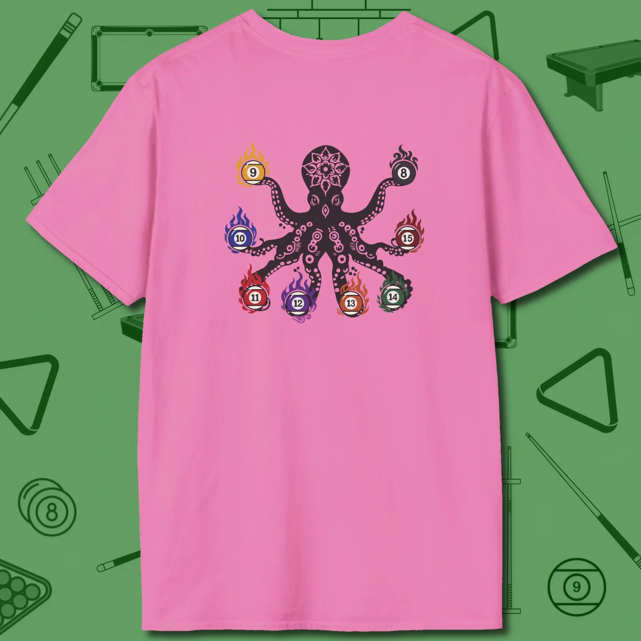 Stripe and Solids Octopus Billiards T-Shirt, back view, in Azalea matching back octopus print