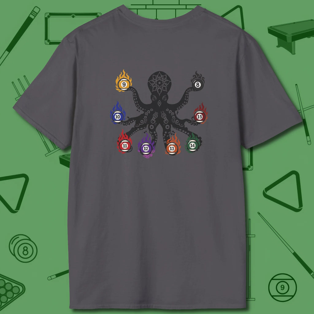 Stripe and Solids Octopus Billiards T-Shirt, back view, in Charcoal back graphic continues theme