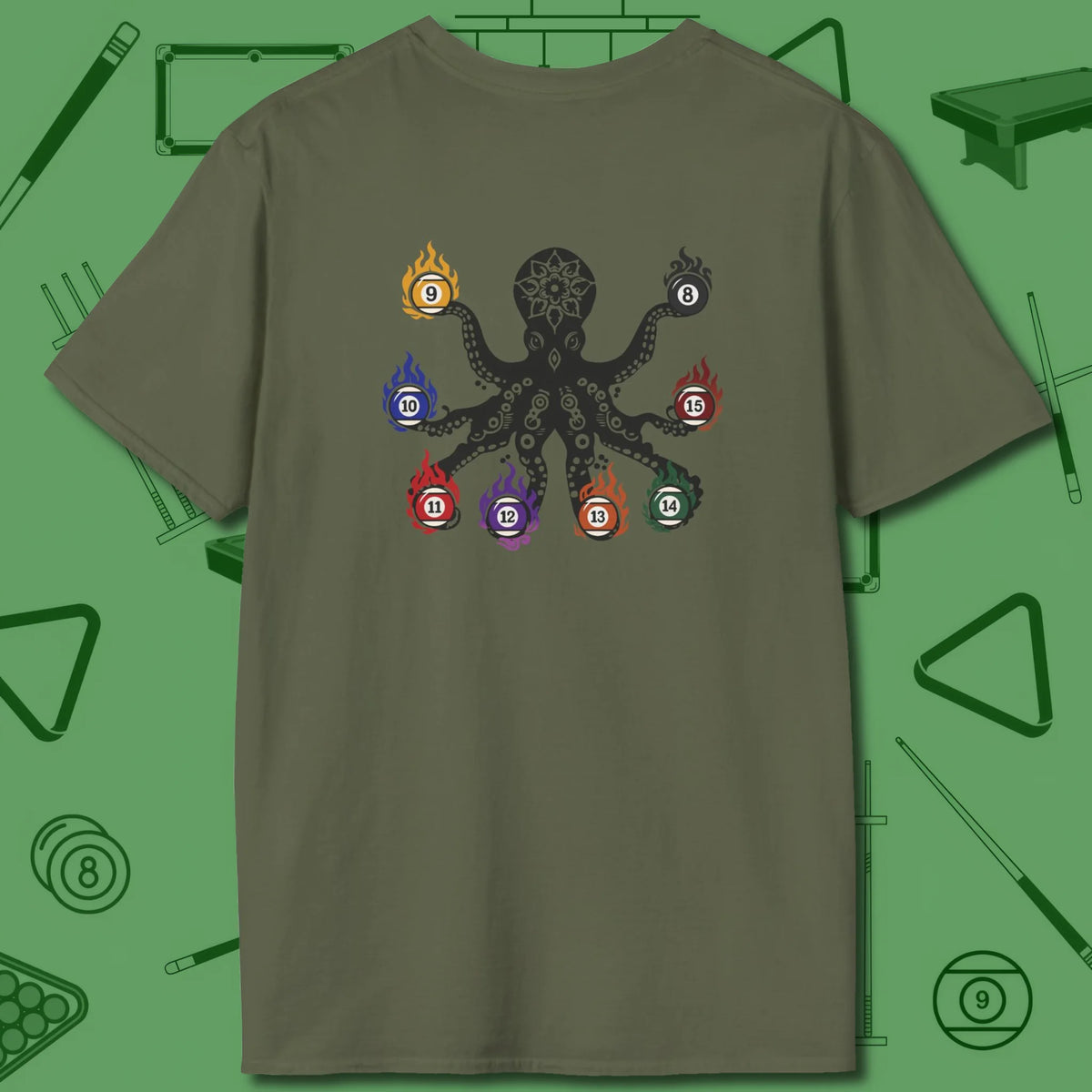 Stripe and Solids Octopus Billiards T-Shirt, back view, in Military Green tactical look, back octopus print