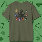 Stripe and Solids Octopus Billiards T-Shirt, back view, in Military Green tactical look, back octopus print